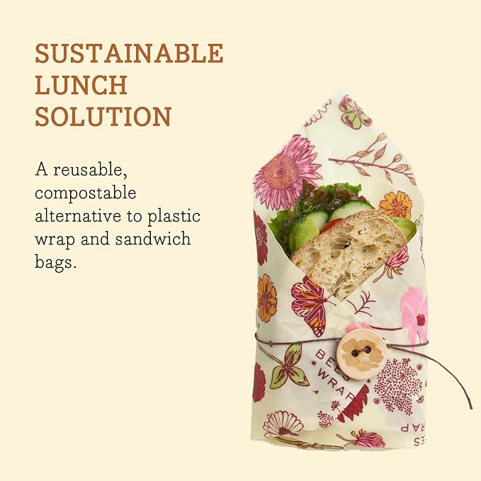 Bee's Wrap Vegan Sandwich Wrap - Meadow Magic | Button & Tie Closure - Plastic Free - Organic Plant Based Wraps - Reusable Lunch Wrap - Sandwiches & Snacks - Made in USA