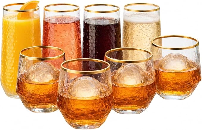 Oojami 48 Pack Plastic Champagne Flutes Stemless 9oz & 12oz Gold Rim Ribbed | Disposable Champagne Glasses, Mimosa Cups, Heavy Duty BPA-Free Shatterproof Recyclable, Wedding Birthday Cocktail Party