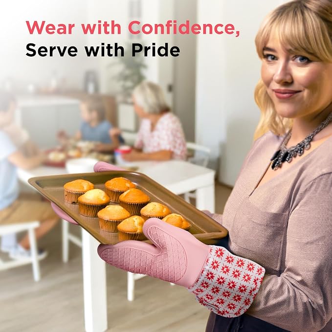 Kitchen Mama UltraShield Silicone Oven Mitts, Gem-Red | Heat Resistant, Non-Slip Surface, Waterproof, Flexible, Durable