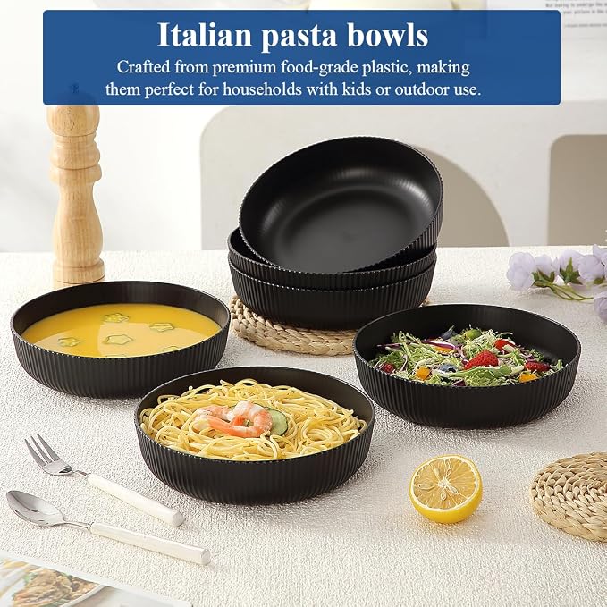 HOMQUEN Pasta Bowls Set of 6, 37oz Salad Bowls Black Soup Bowls, Large Pasta Serving Bowls, Unbreakable Plastic Dinner Bowls, Dinnerware Sets,Valentines Day Gift, Dishwasher Safe (Black)