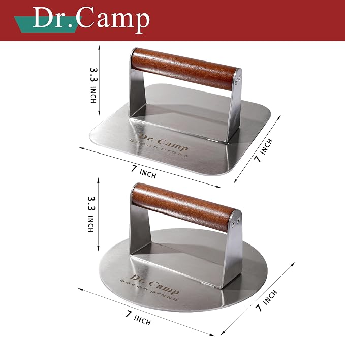 Dr.Camp 2 Pack Stainless Steel Burger Press with Real Wood Handle 7 Inch Smash Burger Press Bacon Press Grill Press Set for Griddle Flat Top Hamburger Smasher Meat Press