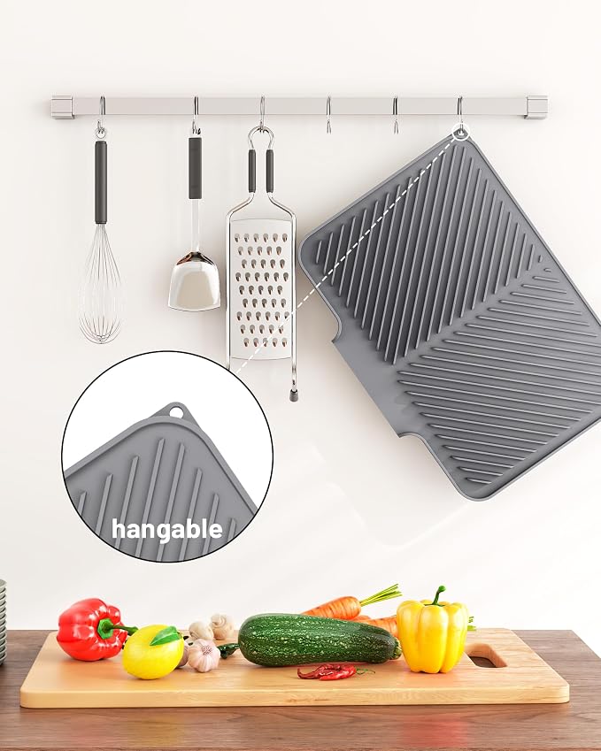 Dish Drying Mat Kitchen Counter - Silicone Dish Drying Pad with Built-in Drain for Sink, Refrigerator and Drawer liner, Easy Clean, Non-Slip, Heat Resistant, 15.8" x 13"
