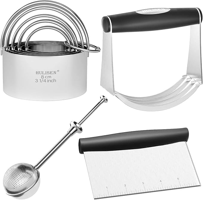 HULISEN 5-Pc Biscuit Cutters, Flour Duster, Pastry Scraper, Dough Blender | Stainless Steel, Dishwasher Safe, Etched inch/cm Markings, Gift Package, Ergonomic Rubber Grip, Professional Baking Tools