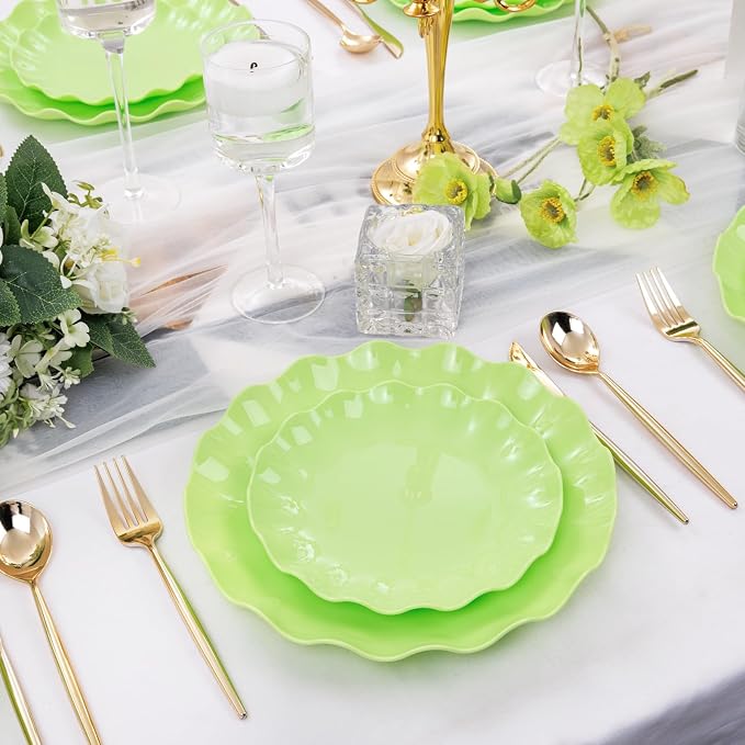 LIYH 24Pcs Sage Green Unbreakable Plastic Plates for Birthday Scalloped | Premium food-grade shatterproof reusable dinnerware. Elegant scalloped edges, ideal for serving desserts at any gatherings.