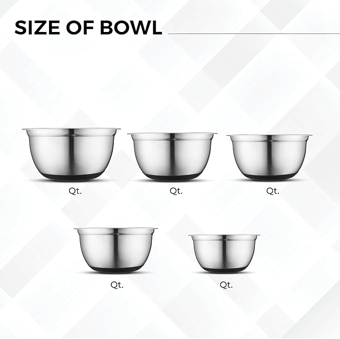 Premium Stainless Steel Mixing Bowls with Lids Non-Slip, Set of 5 Mixing Bowl Set with Silicone Base, Space Saving, Great for Cooking, Baking, Prepping (0.25qt, 1qt, 1.5qt, 3qt, 5qt)