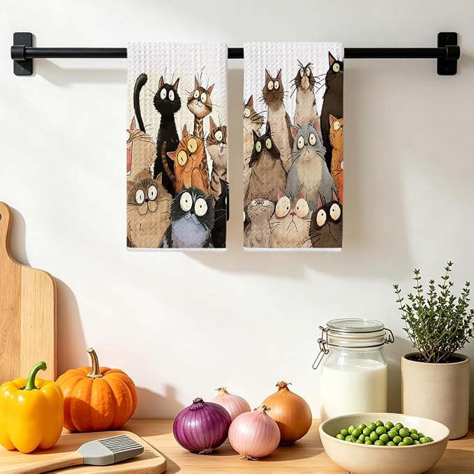 2 Pcs Cute Cat Kitchen Towels, Funny Cats Gifts Absorbent Hand Towels-01 | Cat Dish Cloths for Drying Dishes, Cats Waffle Dish Towels for Kitchen Home Bathroom Decor, Cat Lover Gifts for Women Mom