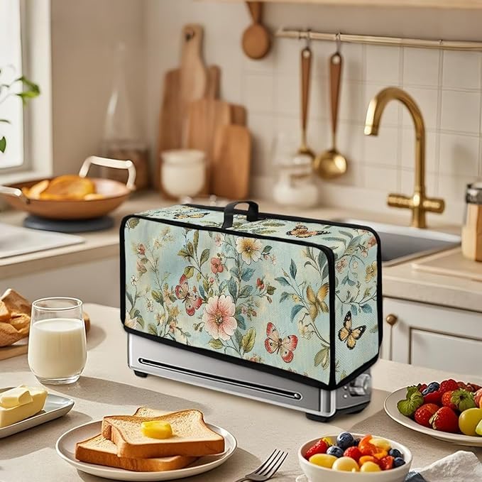 ZDCUSTOM Floral Butterfly Toaster Covers 2 Slice Wide Slot Fresh Toaster Dust Cover Long Washable Bread Maker Dust Fingerprint Protection, Kitchen Appliance Protector