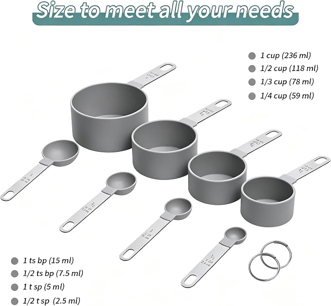 Measuring Cups Set Measuring Spoons Set, Nesting Measure Cups with Stainless Steel Handle, For Measuring Dry and Liquid Ingredients Small Teaspoon with Plastic Head (Grey)