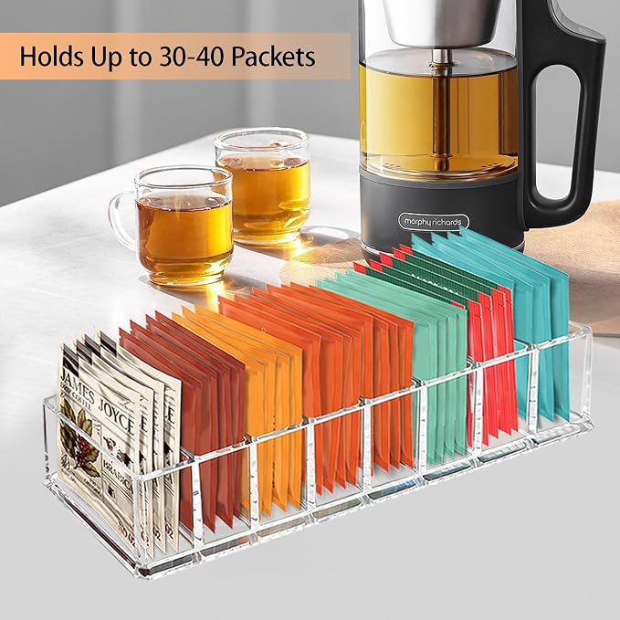 Tasybox Tea Bag Organizer, Tea Holder, Tea Organizers and Storage, 1 Pack | Acrylic Tea Organizer, Clear Tea Bag Holder, 8 Slot Tea Bag Storage Container for Drawer, Pantry, Kitchen, Cabinet Countertop