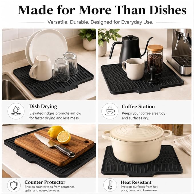 Silicone Dish Drying Mat for Kitchen Counter - Large Dish Drying Pad with Built-in Drain Lip, Heat Resistant Sink Drying Mat for Dishes, Cups and Cookware, BPA Free Black (15.8" x 13") | Raised ridges elevate dishes and create space for water to move a...