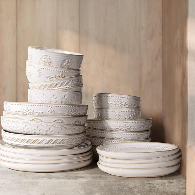 Pasta Bowls, 50oz Large Salad Serving Bowls, 9.75'' Plates Bowls Set of 4, Big White Ceramic Soup Bowls for Kitchen, Embossment Shallow Dinner Bowl, Microwave Dishwasher Safe, Multiple Patterns