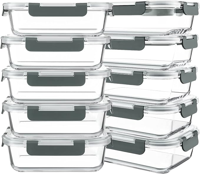 10 Packs 30 oz Glass Meal Prep Containers with Lids | Glass Food Storage Containers with Lids, Airtight Lunch Bento Boxes, Microwave, Freezer and Dishwasher, Gray