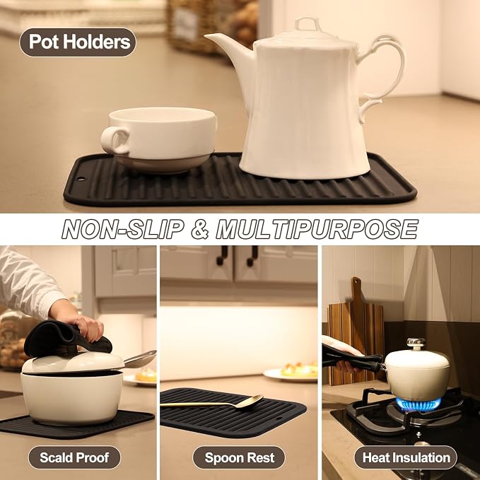 4 Pack Square Silicone Trivets | Hot Pads for Kitchen, Hot Pots and Pans, Hot Dishes, Countertops, Heat Resistance to 480°F, Black