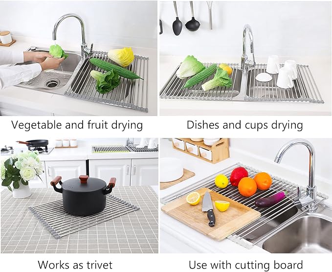 Tomorotec 17.7" x 15.5" Roll Up Dish Drying Rack Over Sink Drying Rack Sink Cover Kitchen Sink Accessories Gadget Multipurpose Organizer Foldable Stainless Steel Drainer (Grey) | Anti-Slip Silicone Rims For Grip, Heat-Resistant Trivet Mat Holding Heavy...