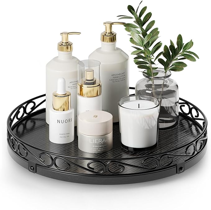 12" Lazy Susan Turntable Organizer for Table Top, Wood Lazy Susan Cabinet | Farmhouse Rotating Decor Tray for Dining Table, Pantry, Kitchen Countertop, Spice, Bathroom Vanity, Round Patterned Rim,Black