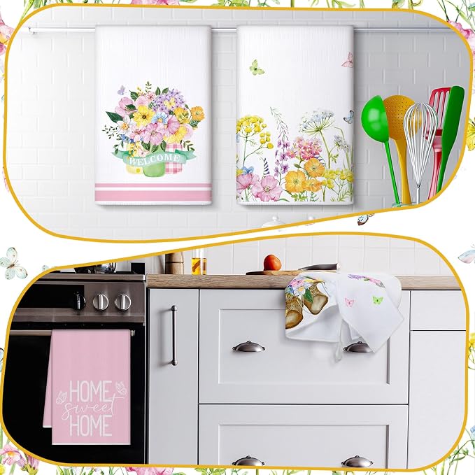 4 Pcs Floral Kitchen Towels Set Pink and White Hand Tea Towels | Butterfly Flower Dishcloths Fast Drying Absorbent Housewarming Gift for Cooking Kitchen Bathroom Decor