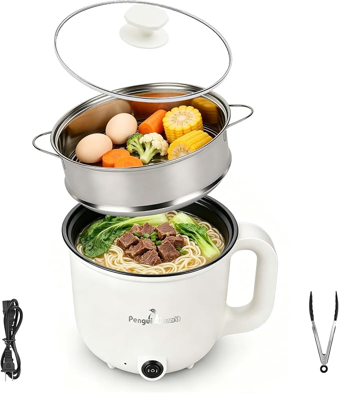 Electric Hot Pot with Steamer, 1.8L Mini Portable Hot Pot with 300W&600W Dual Power for Egg Ramen Oatmeal Soup Noodles, Overheat Protection for College Dorm Room Essential