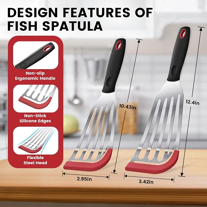 2Pcs Silicone Fish Spatula, Heat Resistant Silicone Edge for Nonstick Cookware, Fish Turner for Kitchen Use, Flexible and Thin Stainless Steel Utensils, Perfect Slotted Spatula for Egg, Pancake, Red