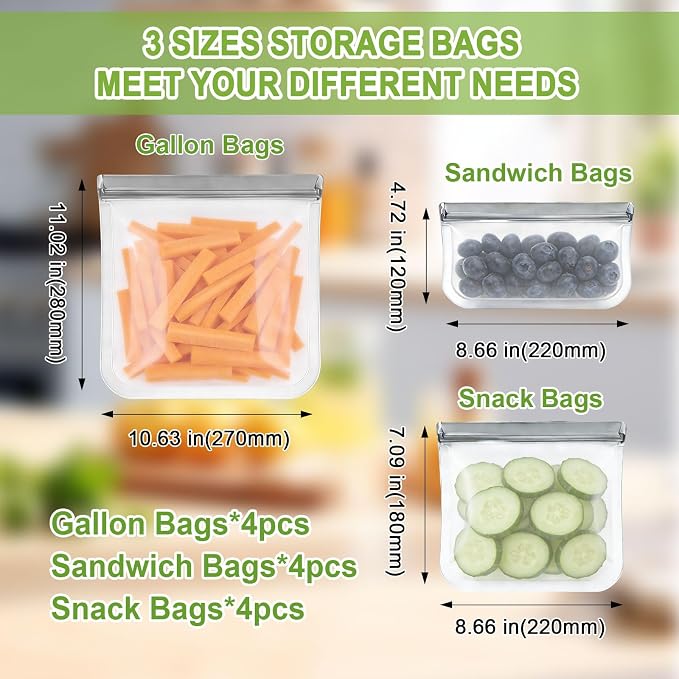 12 Pack Silicone Bags for Food Storage,Reusable Silicone Food Storage Bags,Freezer & Dishwasher Safe,Silicone Gallon Freezer Bags,Leakproof-4 Gallon 4 Snack 4 Sandwich Bags,Grey