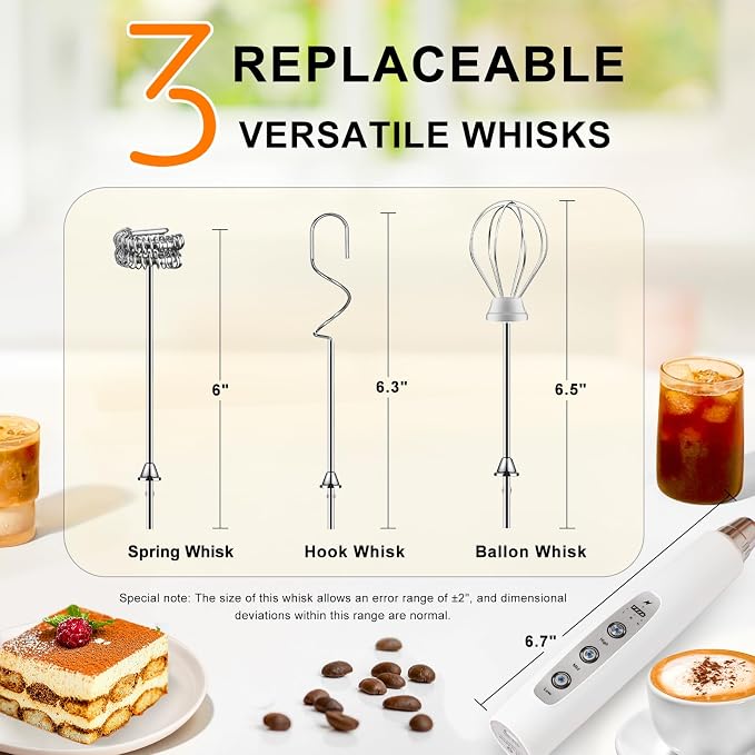 YUSWKO Handheld Milk Frother Wand for Coffee, Rechargeable Electric Whisk with 3 Heads 3 Speeds Drink Mixer Coffee Frother For Latte, Cappuccino, Hot Chocolate, Egg, White