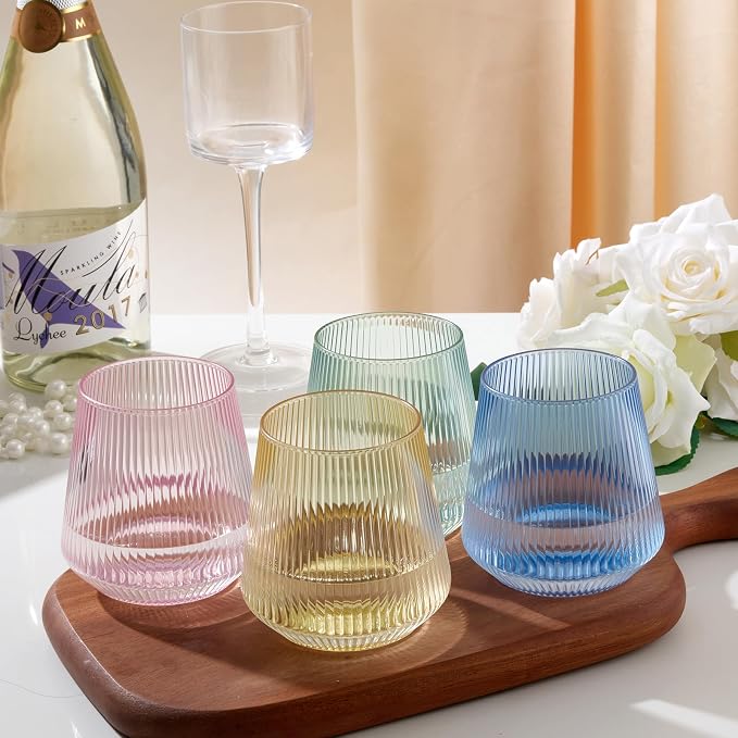 BESTSTAR 36 Pcs 12 oz Plastic Ribbed Wine Glasses,Origami Ripple Glasses | Disposable Champagne Glasses Elegant Whiskey Glasses Ideal for Weddings, Bars, Christmas, Pool Party, Daily Use(Multi-Color)