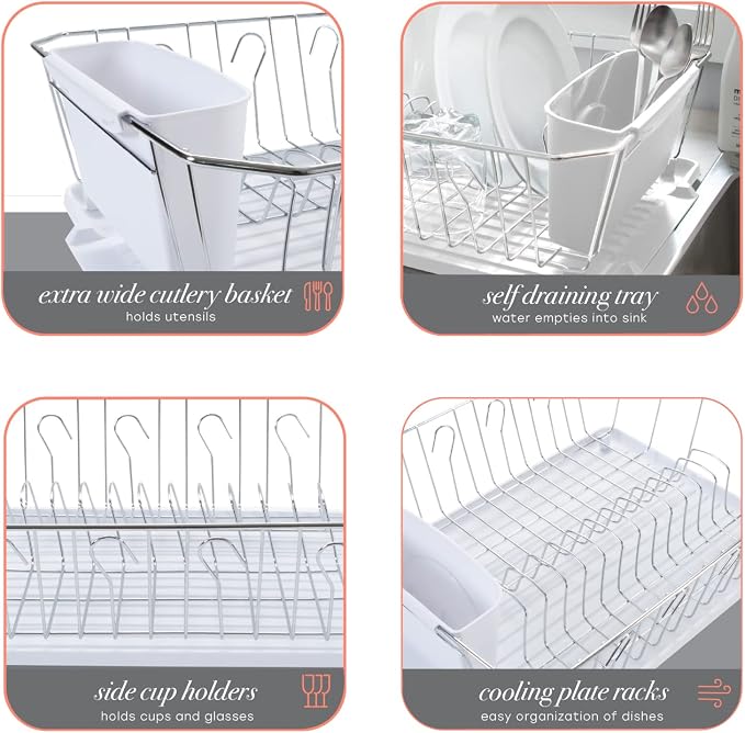 Kitchen Details 3 Piece Dish Rack | Drying Rack, Cutlery Basket & Drainboard Tray | Countertop | Self Draining | Open Wire Design | Chrome | White