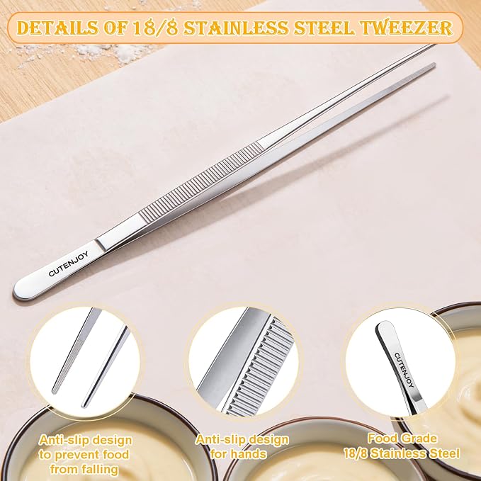 12-Inch Kitchen Tweezers, 18/8 Stainless Steel Tongs with Serrated Tips | Metal Fine Tweezers Tongs, Precision Grip, Non-Slip Tips, Long Cooking Tongs for Cooking, Chef, Serving Food, Grill, BBQ