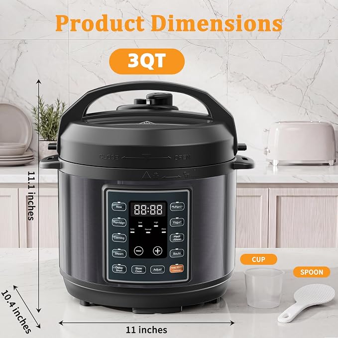 NEWBULIG 10-In-1 Electric Pressure Cooker, 3 Quart Multi Cooker for Rice, Stew and Steam, Small Programmable Stainless Steel Pot with Slow Cook Function and Ceramic Inner Pot