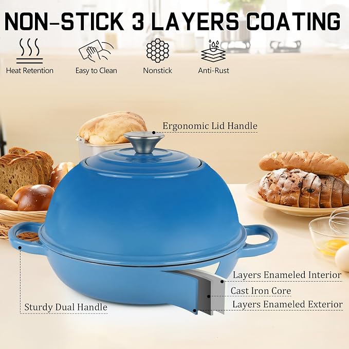 Enameled Cast Iron Bread Oven Dutch Oven Pot with Lid Blue | Bread Dutch Oven for Sourdough Bread Baking, 6 Quarts 10" Bread Pan with Dome Lid, Non-stick Cookware for Homemade Bread