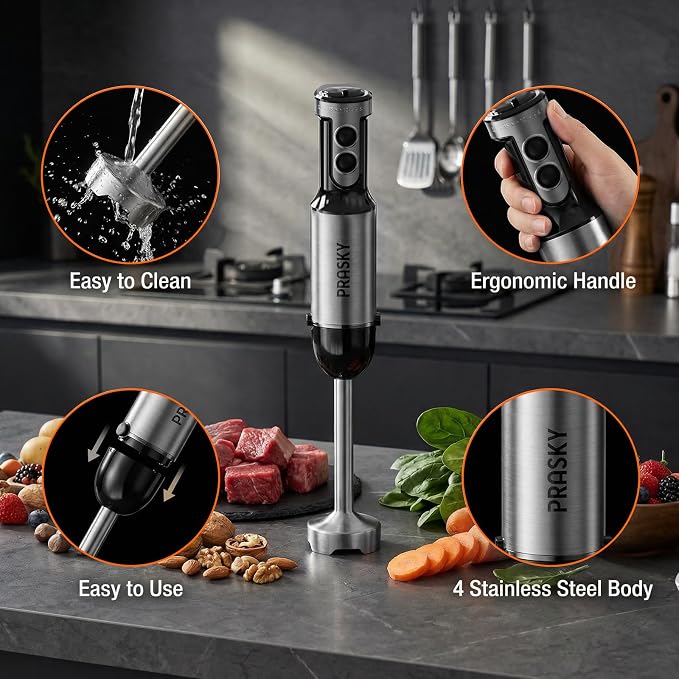 Immersion Blender Handheld 1200W, 20-speeds, 5-in-1 Handheld Mixer | Mining Beaker,Chopper,Whisk, Frother and Stick Blender Suitable for Kitchen, Protein Shakes and Baby Food - Silver