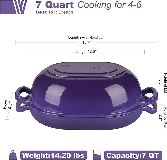VORRINGARD Enameled Cast Iron Sourdough Bread Oven, Dutch Oven, Loaf Cast Iron Bread Pan for Homemade Bread Baking, Meatloaf Pan with Lid, 7QT, Purple