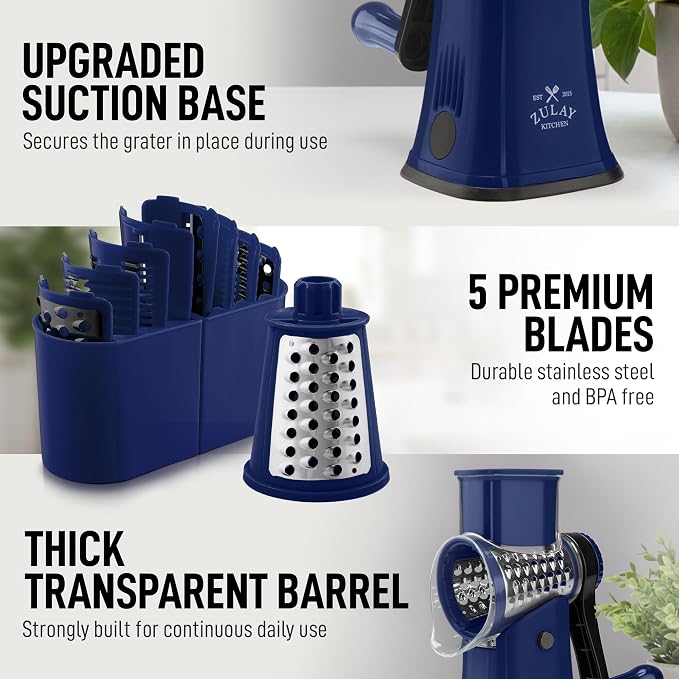 Zulay Kitchen Rotary Cheese Grater 5 Blade Cheese Shredder - Manual Hand Crank Cheese Grater With Reinforced Suction & 5 Interchangeable Drums - Easy to Use, Vegetable Chopper Round Mandoline Slicer