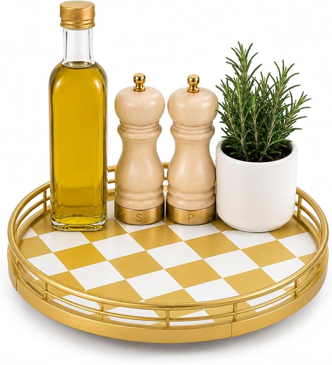 9-Inch Gold Lazy Susan Spice Organizer with Guard Rail | Smooth rotating oak tray with walnut finish for dining tables, kitchen counters, pantries and cabinet storage.
