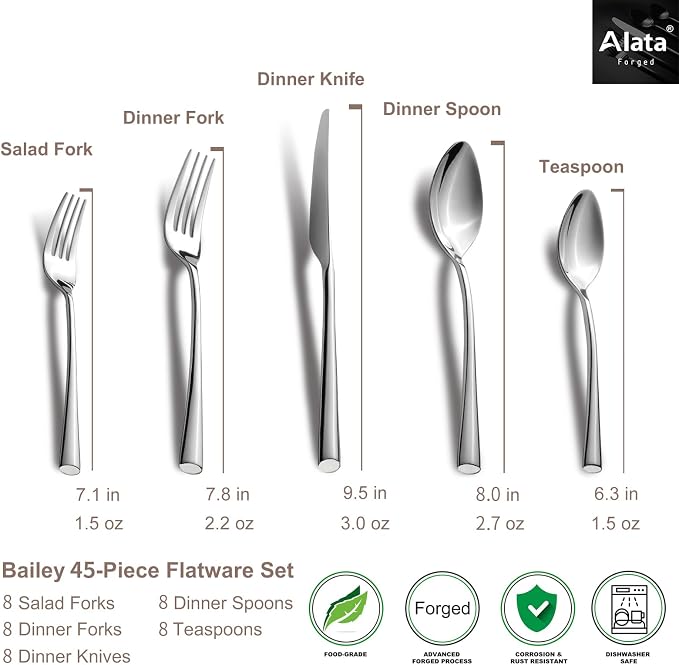 Alata Bailey 45-Piece Forged Silverware Set Stainless Steel Flatware Set with Utensil-Serving Set, Service for 8, Mirror Polished Cutlery Set, Dishwasher Safe