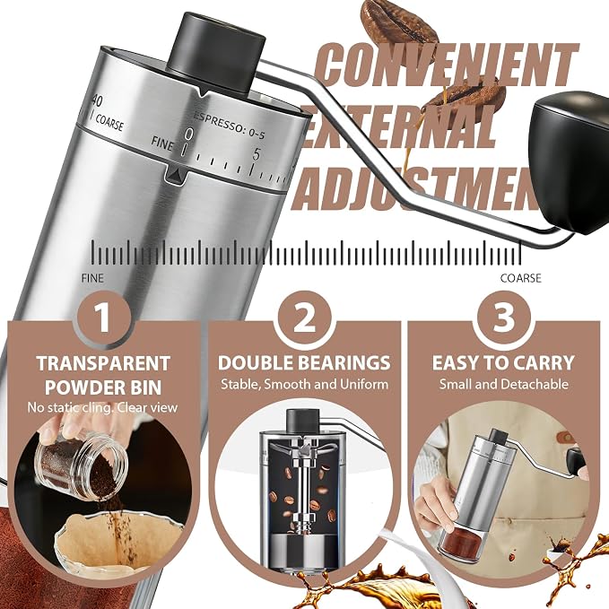 Manual Coffee Grinder, 40 External Settings, Ceramic Burr | Stainless steel portable coffee mill for espresso, pour over, French press and travel