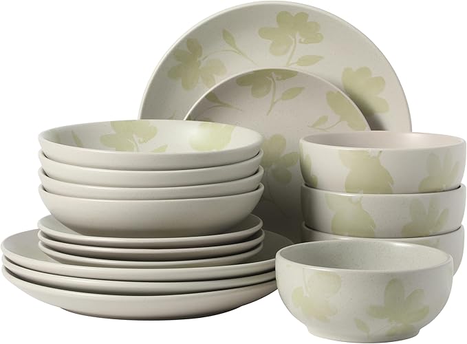 Gibson Home Admiral Hall Plates and Bowls Set, 16-Piece Floral Dinnerware Set, Green Stoneware Dish Set, Dinner Plates, Salad Plates, Pasta Bowls & Cereal Bowls