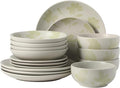 Gibson Home Admiral Hall Plates and Bowls Set, 16-Piece Floral Dinnerware Set, Green Stoneware Dish Set, Dinner Plates, Salad Plates, Pasta Bowls & Cereal Bowls