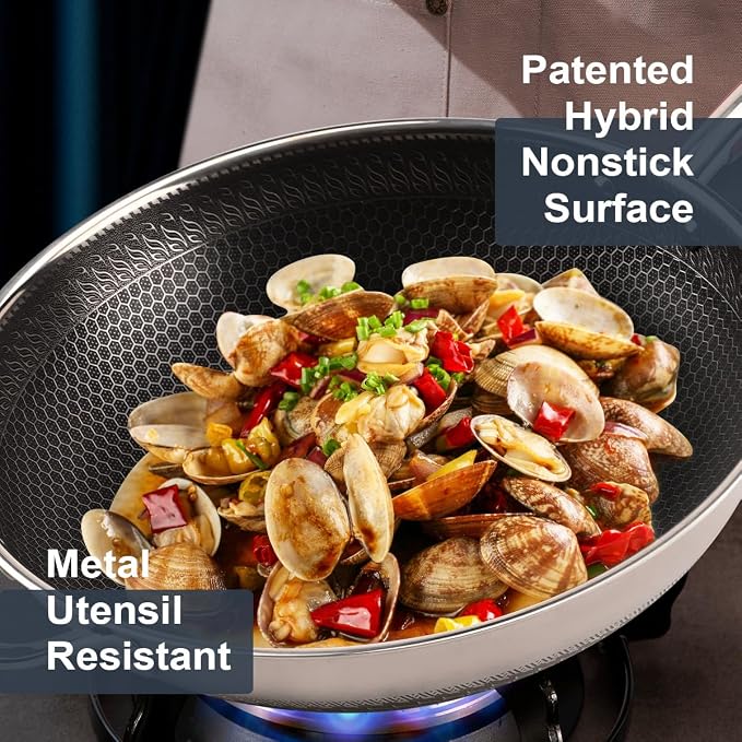 ITSMILLERS Tri-ply Stainless Steel Wok with Lid, 13.5'' PFOA Free Nonstick Stir Fry Pan, Induction Compatible, Dishwasher and Oven Safe, Scratch-resistant Surface