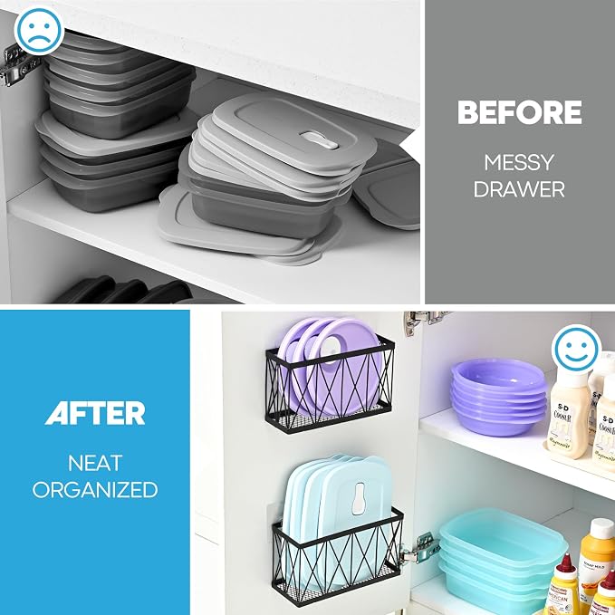 3 Pack Cabinet Organizer - Adhesive Lid Organizer Slim Space Wall Mounted Inside Cabinet Door Storage for Kitchen, Bathroom, Pantry, Under Sink