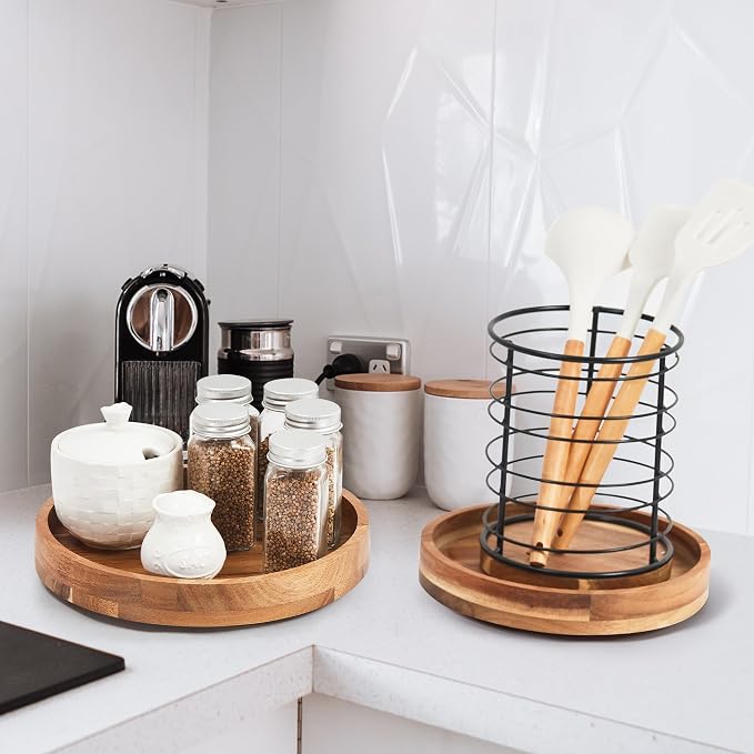 9" Acacia Wood Lazy Susan Organizer for Cabinet,Lazy Susan for Countertop