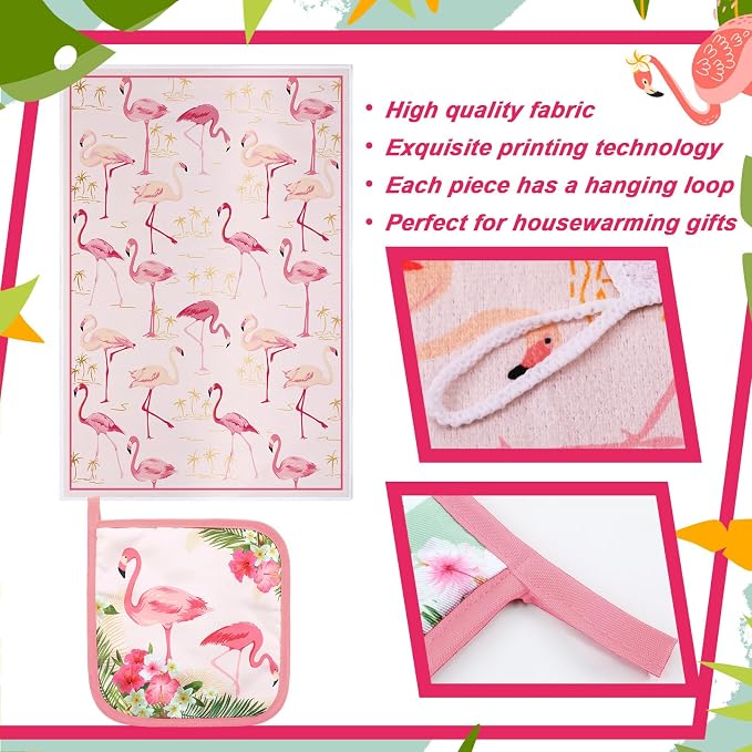 Bencailor 6 Pcs Flamingo Kitchen Towels Pot Holders and Oven Mitts Set Soft Cotton Linen Dish Towel Heat Resistant Oven Mitts for Summer Kitchen Decor Cooking Baking Grilling