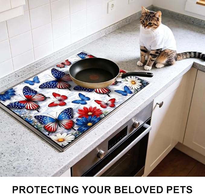 American Flag Butterfly Patriotic Stove Top Cover 28.35x20.47in | American flag butterfly patriotic stove top cover 28.35x20.47 in; red white blue cooktop mat dishwasher safe machine washable