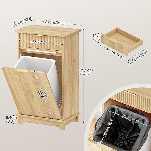 HOOBRO 10 Gallon Tilt-Out Trash Can Cabinet, Hidden Garbage Bin Storage with Drawer and Flip-Down Door with Sensor Light Strip, Dog Proof Trash Can for Kitchen Living Room, Natural NL06DLJ01