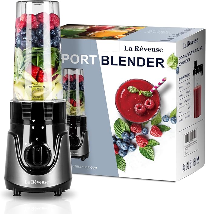 La Reveuse Personal Size Blender with 24oz. To-Go Cup, 300W, Gray, LARB2201 | Making Protein Shakes, Smoothies, Seasonings, Portable BPA-free Cup with (1) Spout Lid, 2 Speed Pulse Switch, Dishwasher Safe