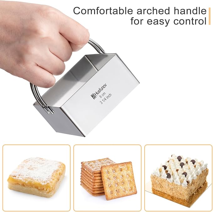 Husfunov Biscuit Cutter Set Square Cookie Cutters with Handle | 5 Pieces Stainless Steel Square Professional Baking Dough Tools for Cake