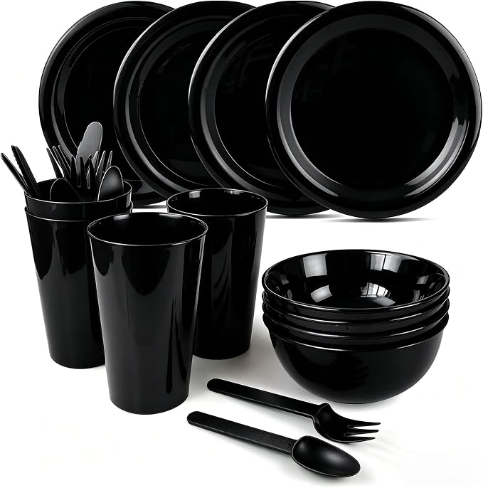 24Piece Plastic Plates and Bowls Sets Dinnerware Set Dishes Set for 4,College Dorm Room Essentials,Camping Plates and Bowls with Tumbler,Knives,Forks and Spoons,Mess Kit,Microwave Safe,BPA Free-Black