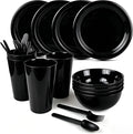 24Piece Plastic Plates and Bowls Sets Dinnerware Set Dishes Set for 4,College Dorm Room Essentials,Camping Plates and Bowls with Tumbler,Knives,Forks and Spoons,Mess Kit,Microwave Safe,BPA Free-Black