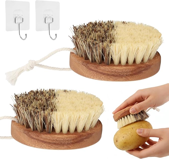 2 Pack Vegetable & Fruit Cleaning Brush Set, Dual Bristle Veggie Brush Potato Scrubber with Hanging Rope & Hooks, Kitchen Vegetable Scrubber for Carrots Fruits Foods(Wood)