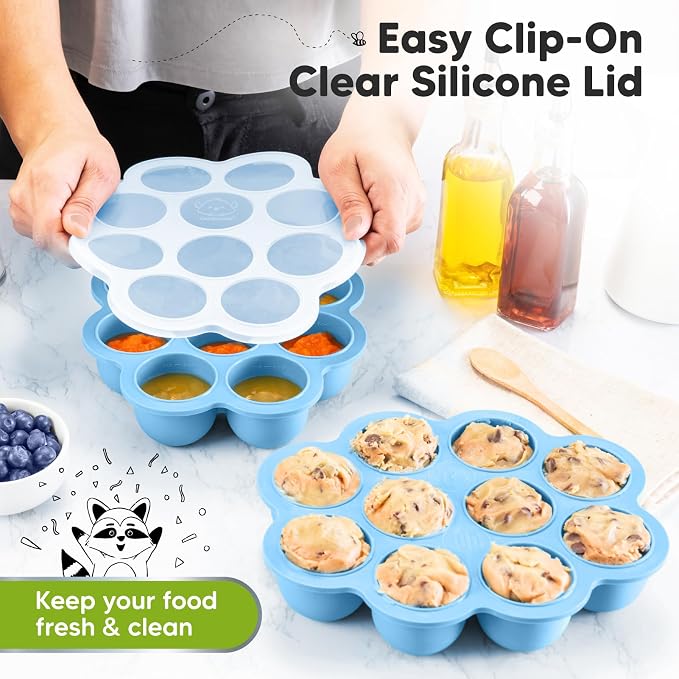 KeaBabies Silicone Food Freezer Trays with Lid, 2oz x 10 Pods (Misty Blue) | Baby Food Storage Containers, Easy Puree Meal Prep, Breast Milk Silicone Freezer Molds, Dishwasher, Microwave Safe, BPA-Free