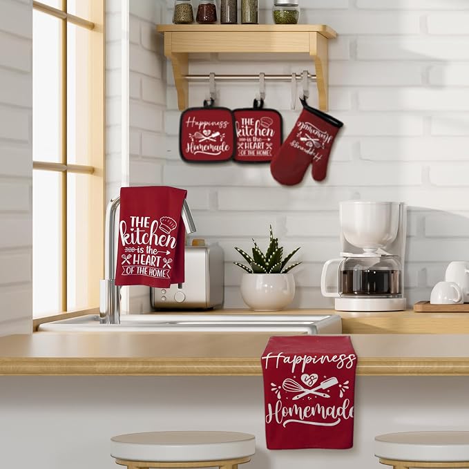 Sratte 6 Pcs Kitchen Decor Accessories Set, Kitchen, Wine Red | Farmhouse Kitchen Towels Pot Holders Oven Mitts Set 2 Dish Towels 2 Potholders 2 Cooking Mittens for Baking Cooking Supply